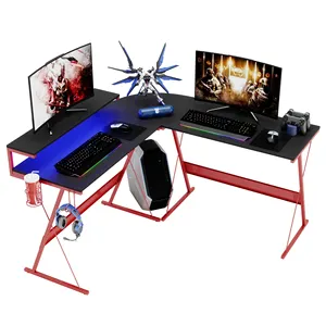 BESTIER Industrial Wooden RGB L shaped desk Home Office Furniture Metal Frame Large Corner Gaming Desk PC Table for Bedroom