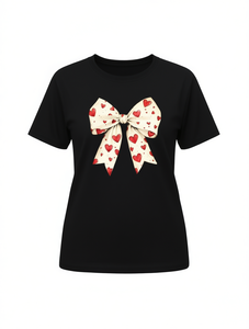 T-shirt da donna taglie forti con fiocco e stampa a cuore, casual, a maniche corte, girocollo, vestibilità ampia, per San Valentino, primavera estate - Product Image 1