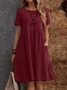 Women's <b>Loose</b> Fit Cotton Linen <b>Dress</b> Summer Round Neck Short Sleeve Casual <b>Dress</b> With Pockets - Product Image 4