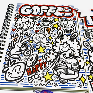 Carnet à spirale style dessin animé et gribouillage, pages lignées, couverture rétro, papeterie étudiante ; carnet personnalisé avec logo. - Product Image 1