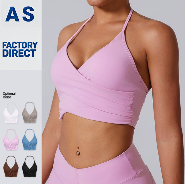 Halter Wrap Breathable Lightweight Sports Bra Factory Wholesale Women Deep V Ruched Yoga Crop Top Workout Fitness Sports Tank