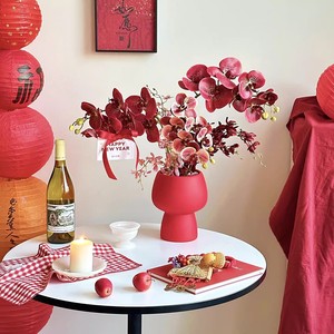 Bouquet d'orchidées Phalaenopsis artificielles, vase rouge, décoration du Nouvel An chinois, arrangement de fleurs en soie pour le salon - Product Image 4