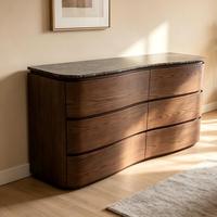 Commode à 6 tiroirs incurvée sur mesure avec plateau en marbre naturel, commode de chambre à coucher en bois massif multicouche pour villa et maison