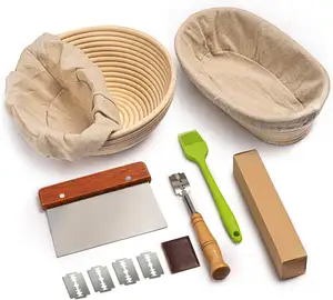 Cesta de cana de proteção oval redonda de 9 polegadas com conjunto de escova para assar pão e massa com fermento para limpar.