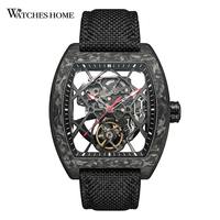 Montre mécanique automatique personnalisée avec logo OEM, cadran squelette, boîtier rectangulaire en fibre de carbone, bracelet en nylon, montre-bracelet pour homme, loisirs et sport.