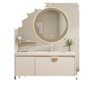 Cream White Wall-Mounted Bathroom <b>Vanity</b> with Round <b>LED</b> Smart Mirror Soft-Close Storage Drawers - Product Image 4