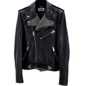 Chaqueta de cuero genuino de talla grande estilo <span class=keywords><strong>Hedi</strong></span> de alta calidad, inspirada en la motocicleta de invierno, característica a prueba de agua, logotipo frontal, Cuello con remaches - Product Image 1