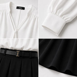Ensemble de travail deux pièces A&J GRS pour femme : Blouse à col noué 200G et jupe longue plissée taille haute avec ceinture – Fabricant OEM ODM - Product Image 2