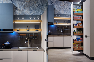 L-Shape Modular Modern MDF Kitchen <b>Cabinets</b> High Gloss Light Blue Grey Melamine Surface Marble Durable Easy Clean Apartment - Product Image 5