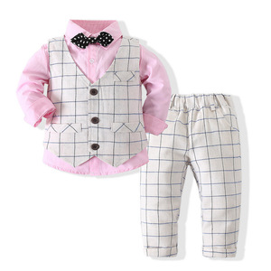 婴儿派对婚礼生日春季服装格子背心长袖衬衫裤子套装男童绅士套装特价 - Product Image 1