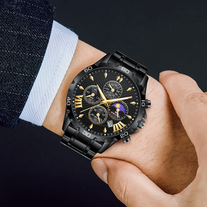 Classic Men's Chronograph Wristwatch Waterproof Black <b>Case</b> 4 Sub-dials Moon Phase <b>Watch</b> for Gift - Product Image 5