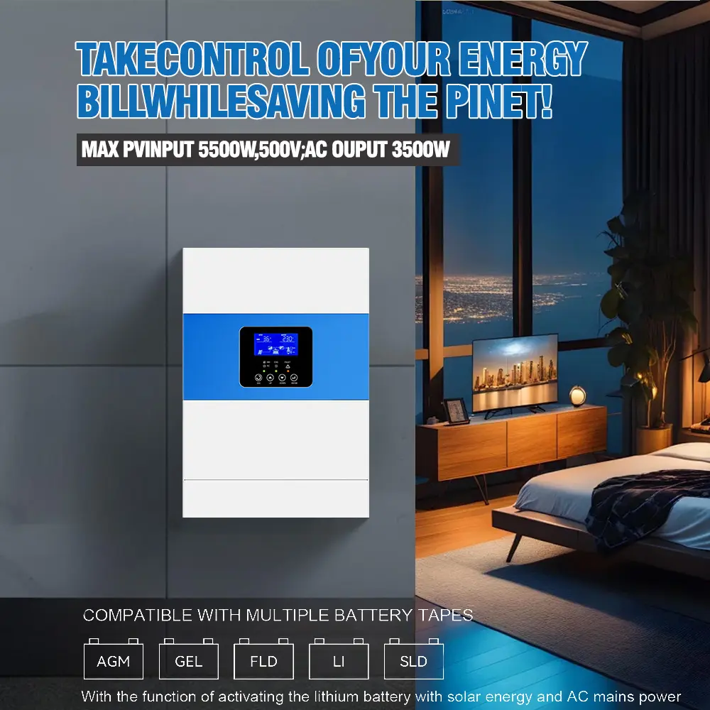 3.5kw 5.5kw 48V Dc 220/230V Ac Pure Sinus Zonne-Energie Omvormer Dubbel Mppt Aan/Uit Grid Zonne-Energie Hybride Omvormer