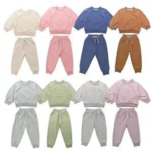 custom kids toddler boys and girls casual clothing sets pullover top +long pant solid french terry tracksuit