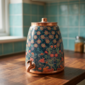 Distributeur d'eau en cuivre avec motif floral bleu et robinet pour usage domestique - Product Image 6