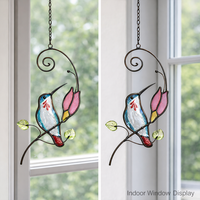Attrape-soleil en verre artisanal avec cadre métallique, motif oiseau et fleur, décoratif et artistique