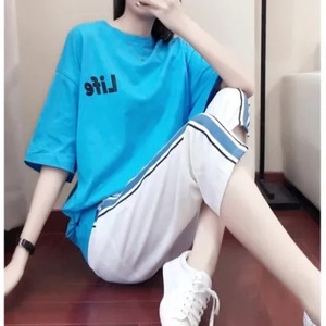 Women's Casual Sportswear Set Blue Short Sleeve T Shirt With Pocket Knitted Polyester Two Piece Summer Fashion 2024 - Product Image 3