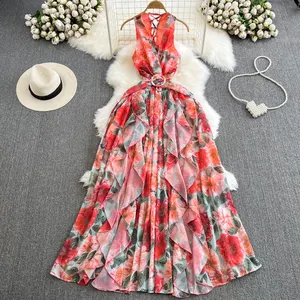 ANSZKTN gaun liburan motif bunga wanita, Gaun pantai tali belakang Halter panjang menengah ayunan penuh untuk wanita