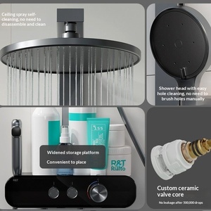 Barre de douche coulissante R&T Z5 avec quatre sorties, plateforme de rangement élargie, réglage par bouton, fixation murale en cuivre local - Product Image 2