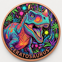Pièce de monnaie en cuivre pur 999 de 1 oz, représentant un Cératosaure de la fin de la période jurassique, en relief 3D, colorée aux UV, effet proof-like, artisanat métallique artistique de l'ère des dinosaures
