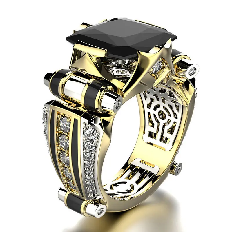 Newly Men's Fashion Jewelry Rings Magnificent 18K Gold Plated Insert Black Champagne Gemstone Ring