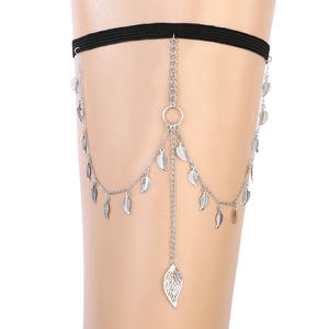 Chaîne de corps tendance en alliage de zinc avec feuille d'or et pompon, chaîne de cuisse élastique à motif végétal, accessoire de fête pour femme - Product Image 2