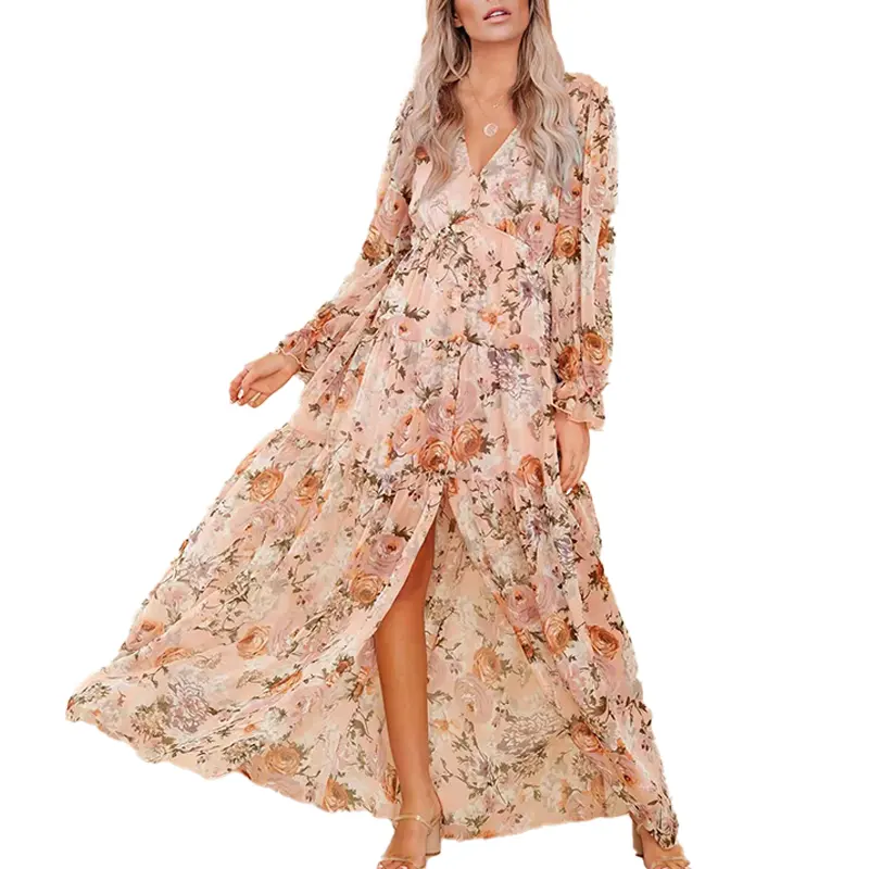 2024 Модное шифоновое платье с длинным рукавом и v-образным вырезом