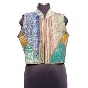 New Arrival Indian Handmade Knitted Cotton Patchwork Multicolor <b>Kantha</b> Vintage Short Breathable Eco-Friendly Button V-neck - Product Image 1