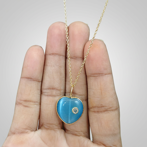Minimalist Punk Style Charms Jewelry Blue Cat's Eye Heart Statement Pendant Cubic Zirconia 18k Gold Plated Bezel Set Necklace - Product Image 4