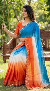 Reversible Silk <b>Saree</b> <b>Orange</b> Blue Ombre Design Embroidered Border Women Traditional Indian Wedding & Party Wear - Product Image 4