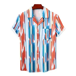 قميص رجالي قصير الأكمام, قميص رجالي جديد بنمط هاواي للشاطئ برقبة كوبية وحرير الجليد مزود بطباعة رقمية وأكمام قصيرة