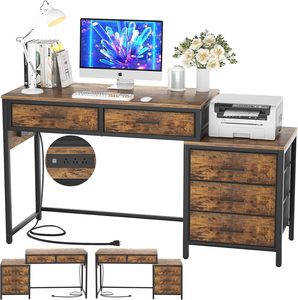 Bureau d'ordinateur réversible en bois Unikito avec 5 tiroirs, robuste, gain de place, <span class=keywords><strong>table</strong></span> d'étude, <span class=keywords><strong>table</strong></span> d'écriture, meuble de rangement, support d'imprimante - Product Image 1