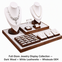 Présentoir à bijoux 4-en-1 en noyer blanc poncé à la main : buste à collier, support à boucles d'oreilles, plateau à bagues, bloc à pendentifs - Vente en gros OEM