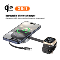 Kabel Charger Nirkabel Magnetik 3 in 1 Qi2 25W dengan Kabel USB C Retraktil Portabel 0.8m Hitam untuk iPhone 18 17, Jam Tangan, dan Earphone