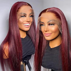 Pelucas de Encaje Frontal Rojo Borgoña 99J para <span class=keywords><strong>Mujer</strong></span>, Pelucas de Cabello Humano Rojo Intenso, Pre-Depiladas, sin Pegamento, con Cabello de Bebé - Product Image 3