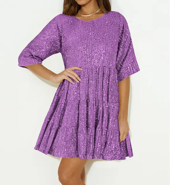 Vestido túnica para mulheres, vestido personalizado com gola redonda acima do joelho, vestido roxo, moda solta, desenho