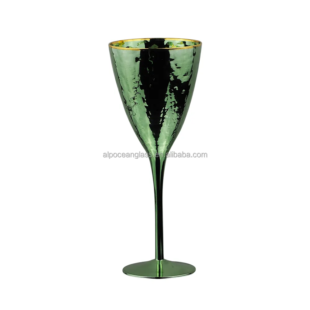 Alpocean toptan tasarlanmış şarap bardağı hediye seti altın çerçeveli dövülmüş Metal benzeri şampanya flüt kadehler Stemmed züccaciye