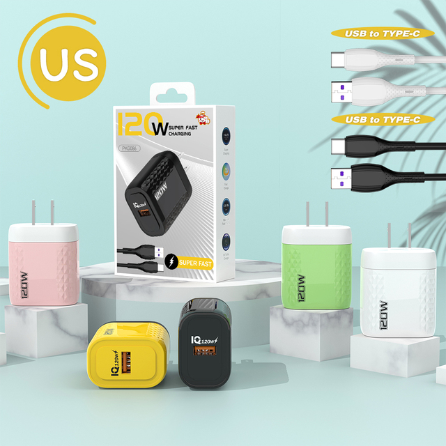 Hot Selling USB Charger Block Sets with extra 1m USB C Cable Fast Charging EU 120w Charger for Traveling