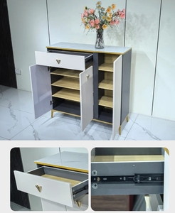 Mueble Zapatero Moderno para Entrada, Consola de Almacenamiento de Madera Blanca y Gris con Cajón y Puerta para el Recibidor del Hogar - Product Image 4