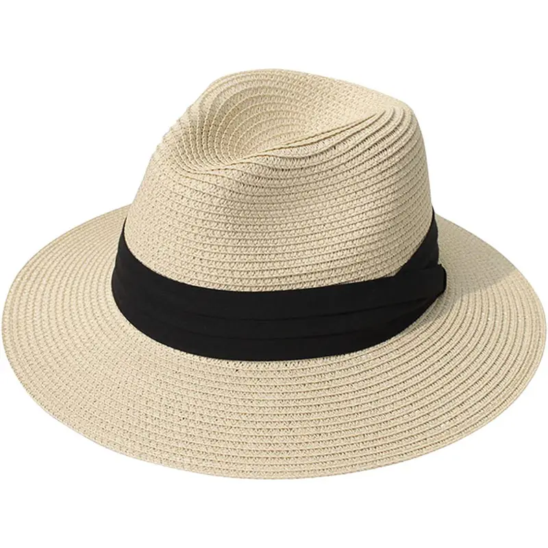 QIANXUN Wholesale Women Wide Brim Straw Panama Roll Up Hat Belt Buckle Fedora Beach Sun Hat UPF50+