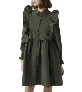 Casual Women's Mid-Length Linen Dress Loose Fit with Natural Waistline Long Sleeves and Pleated Decoration Fabric Woven