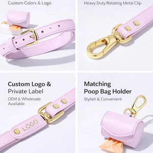 Ensemble collier et laisse pour chien en cuir PU personnalisé avec distributeur de sacs à excréments, accessoires pour animaux de compagnie à étiquette privée - Product Image 2