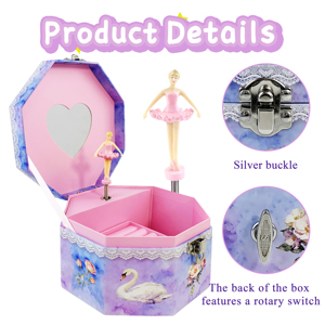 Custom Pattern Octagonal Eco-Friendly Luxury Musical Jewelry Box Rotating Ballerina Heart Mirror Storage Compartments for Kids - Product Image 4