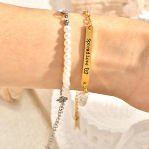 Pulsera Ajustable YF8440 <span class=keywords><strong>de</strong></span> Moda Minimalista con Cadena <span class=keywords><strong>de</strong></span> Perlas <span class=keywords><strong>y</strong></span> Placa Curva Geométrica, Chapada en <span class=keywords><strong>Oro</strong></span> <span class=keywords><strong>de</strong></span> 18K, Acero Inoxidable Impermeable - Product Image 4