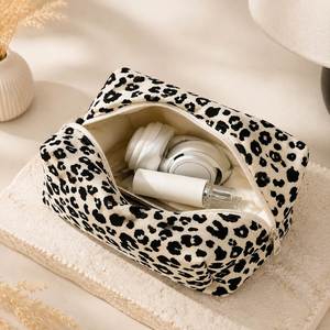 Pochette cosmétique en coton à imprimé léopard, grande capacité, trousse de maquillage, trousse de toilette de voyage, pochette organisatrice à fermeture éclair pour femmes, logo personnalisé - Product Image 4