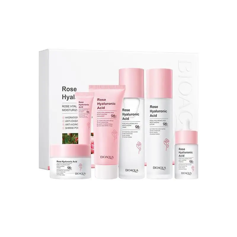 BIOAQUA Unisex Rose Hyaluronic Acid Cream Six-Piece Herbal Moisturizing Skin Care Set with Firming Function