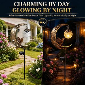 Lámpara Solar de Jardín con Forma de Colibrí y Luna, Luz Amarilla de Hierro y Vidrio para Caminos, Decoración Exterior, IP65 Impermeable, con Sensor de Luz y Batería - Product Image 1