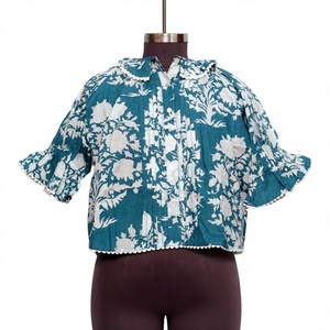 Blusa de Verano de Manga Corta con Cuello Mandarín, Estampado Floral Dulce Vintage, Corte Regular, 100% Algodón Lavable, Estilo Casual y Femenino - Product Image 1