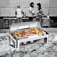 Réchaud de buffet rectangulaire en acier inoxydable doré pour hôtels et traiteurs, avec couvercle roulant, alimentation au gaz, 220-240V, capacité 9L