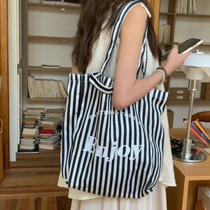 Canvas Striped Tote Bag Black White Vertical <b>Square</b> Open Top Letter Design Everyday Commute Style - Product Image 1