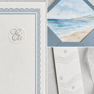 Ensemble de cartes d'invitation de <span class=keywords><strong>mariage</strong></span> personnalisées avec <span class=keywords><strong>enveloppe</strong></span>, bordure en <span class=keywords><strong>dentelle</strong></span>, monogramme argenté, motif aquarelle plage et motif éventail - Product Image 4